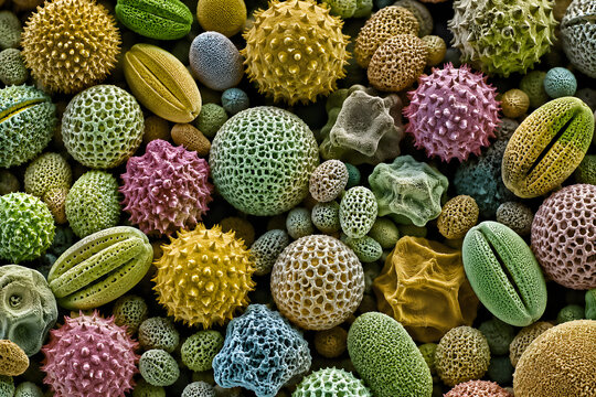 Diverse pollen grains under scientific microscopy, botanical microstructures and biological textures
