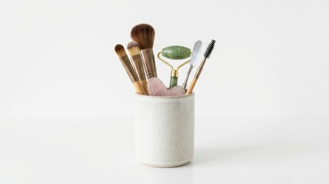 A collection of professional makeup brushes and a jade facial roller stored in a white ceramic cup