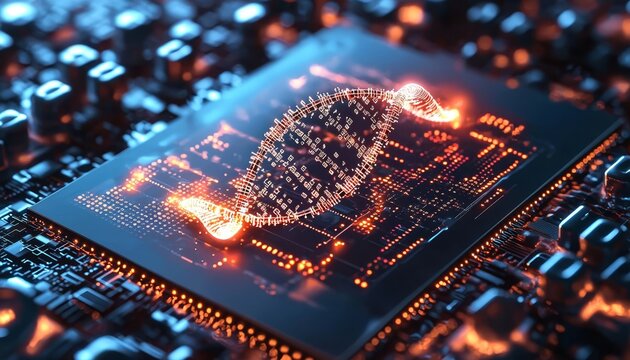 A futuristic DNA helix arises from glowing microchip circuits.