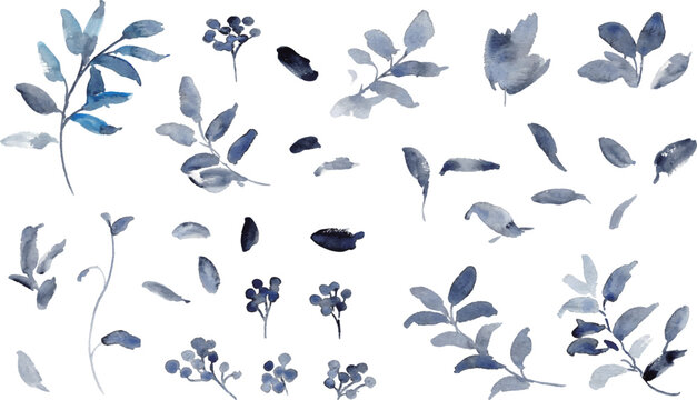 ブルーの水彩ボタニカルフレーム・リース・ライン装飾セット　エレガントな植物デザイン素材
Elegant Blue Watercolor Botanical Frame, Border and Wreath Collection