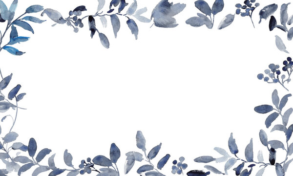 ブルーの水彩ボタニカルフレーム・リース・ライン装飾セット　エレガントな植物デザイン素材
Elegant Blue Watercolor Botanical Frame, Border and Wreath Collection