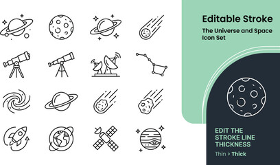 The universe and space exploration line icons set for astronomy science education galaxy research planet discovery and cosmic adventure vector, © Sebani