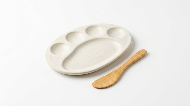 A small white ceramic snack tray with multiple compartments and a wooden butter knife on white background