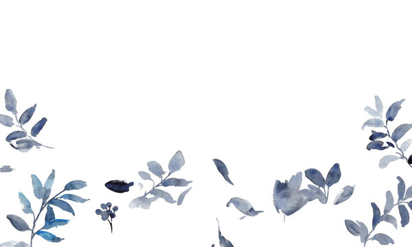 ブルーの水彩ボタニカルフレーム・リース・ライン装飾セット　エレガントな植物デザイン素材
Elegant Blue Watercolor Botanical Frame, Border and Wreath Collection