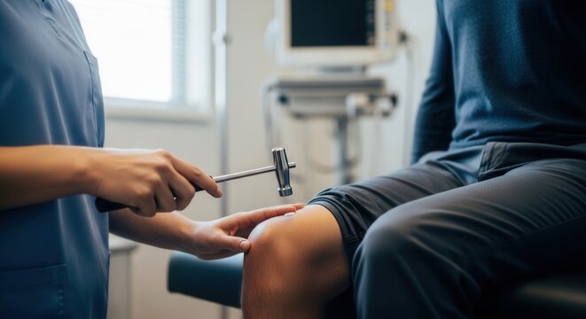 Doctor examines patient's knee reflex with a reflex hammer in a modern clinic examination room
