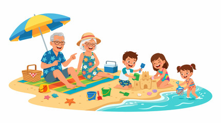 Obraz premium Grandparents and Grandchildren at the Beach: A heartwarming scene of a multi-generational family enjoying a sun-drenched day at the beach.