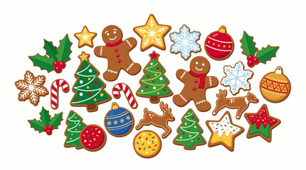 Fototapeta premium Christmas Cookie Assortment: A delightful collection of festive Christmas cookies, including gingerbread men, decorated trees, candy canes, and snowflakes, perfect for holiday celebrations.