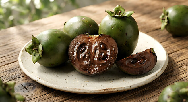 Ripe black sapote fruits on a plate isolated on transparent background for food advertising