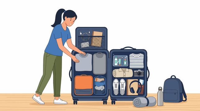Packing for Adventure: A young woman carefully organizes her travel essentials into an open suitcase, preparing for an exciting journey.