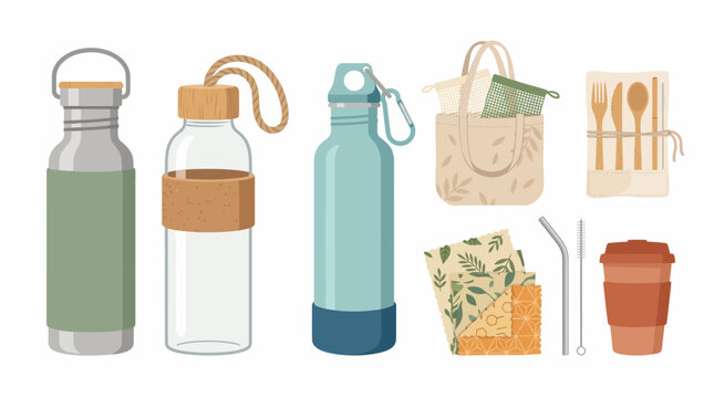 Eco-Friendly Essentials: A curated collection of reusable items promoting a sustainable lifestyle, including water bottles, cloth bags, beeswax wraps, metal straws, and cutlery set.