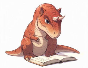 Cute Baby Dinosaur Reading a Large Open Book, Educational Concept Illustration for Children © eidel