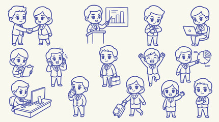 Fototapeta premium Collection of cartoon business people illustrations showing various activities and emotions in a professional setting.