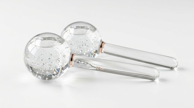 Two clear glass ice globes for facial massage therapy resting on a clean white surface for skincare routine