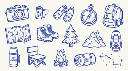 Collection of hand-drawn outdoor adventure and camping icons, perfect for travel and exploration themes. © zainab