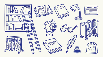 Collection of hand-drawn library and reading icons, including bookshelves, books, a globe, and a lamp. © zainab