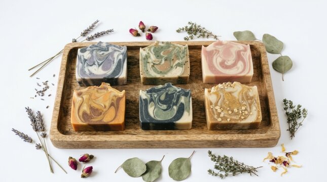 Assorted handmade natural organic soap bars arranged on a wooden tray with dried flowers and herbs flat lay