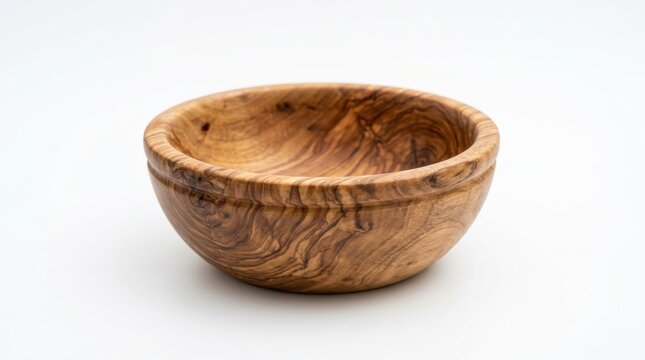 A small rustic handcrafted wooden bowl made from natural olive wood isolated on a white background studio shot