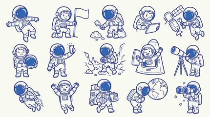 Collection of cute cartoon astronauts in various poses and activities related to space exploration and science. © zainab
