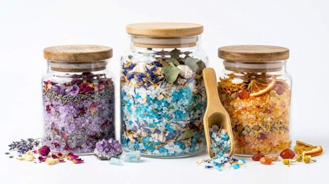 Three glass jars filled with colorful dried flower tea blends and a wooden scoop on white background