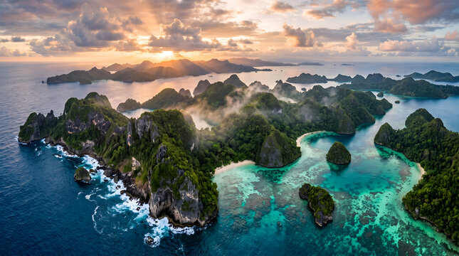 Dramatic Aerial View of Tropical Islands with Turquoise Lagoons at Sunrise