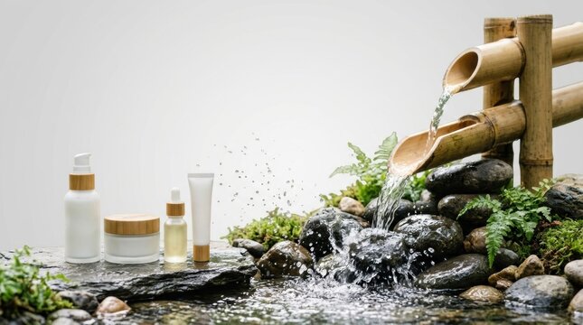 Natural organic skincare products displayed on stones next to a traditional bamboo water fountain in a spa