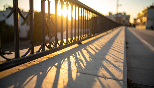 Sunlight Casting Shadows on a Metal Fence at Sunset