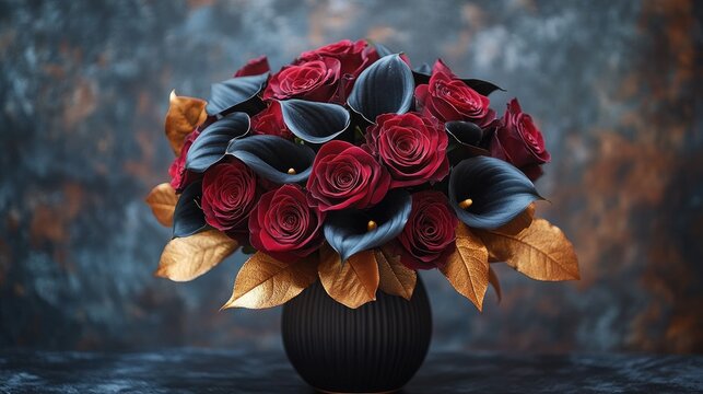 Elegant Dark Rose Bouquet with Gold Accents and Leaves