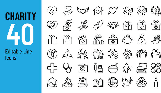 Charity and humanitarian donation editable line icon set with voluntary support funding community care nonprofit organization health and medical aid vector.