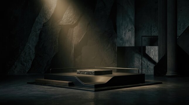 A single, dark rectangular pedestal stands illuminated by a focused beam of light within a cavernous, stone structure. The pedestal is positioned on a dark, textured floor.