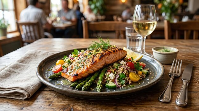 A beautifully plated salmon dish sits on a rustic wooden table.