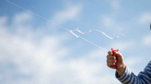 Child holding a snapping kite string in blue sky