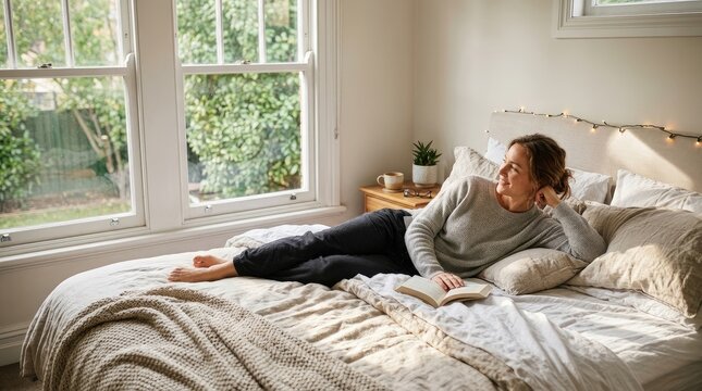 A young woman relaxes on a bed, reading a book. She is lying on her back, with her legs extended and her arms resting on the book.