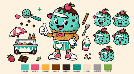 Fototapeta premium Cute Strawberry Character with Ice Cream and Desserts.