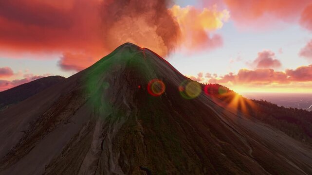 Sunset aerial view of Mount Merapi eruption in Boyolali Regency. Central Java. Indonesia