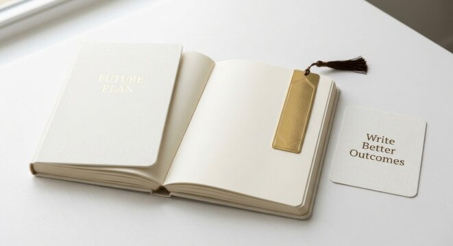 Elegant open notebook with a metallic bookmark and tassel, ready for writing