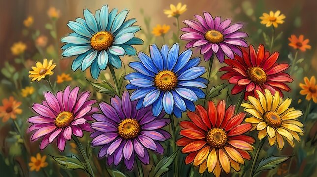 Daisy Flowers Bouquet Painted Illustration