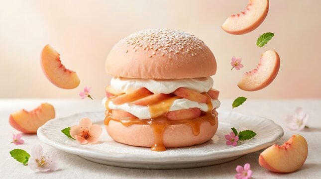 Peach Dessert Burger Served on Plate with Floating Fruit