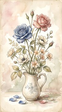 Watercolor Bouquet of Roses and Anemones in Pitcher Illustration