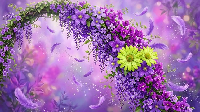 Floral Arch with Wisteria and Daisies Purple Bokeh Background