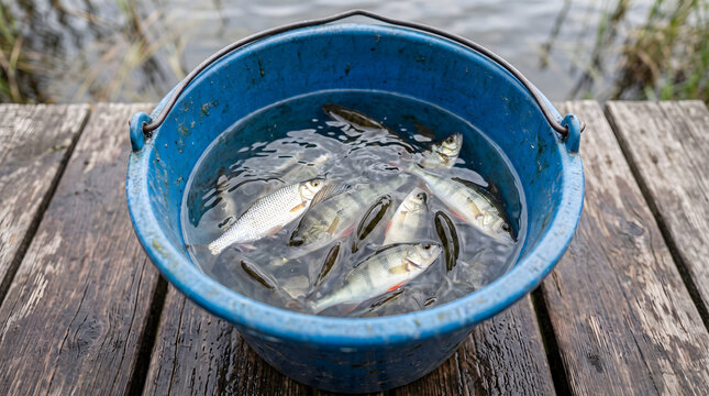 freshly caught fish in blue bucket on wooden pier