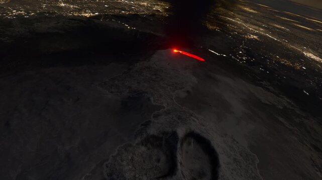 3D - Top aerial shot at night of Mount Etna volcanic eruption in Catania. Bronte. Italy