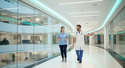 Fototapeta premium Doctor in white coat walks and talks with female colleague in modern hospital corridor with glass walls revealing offices and natural light