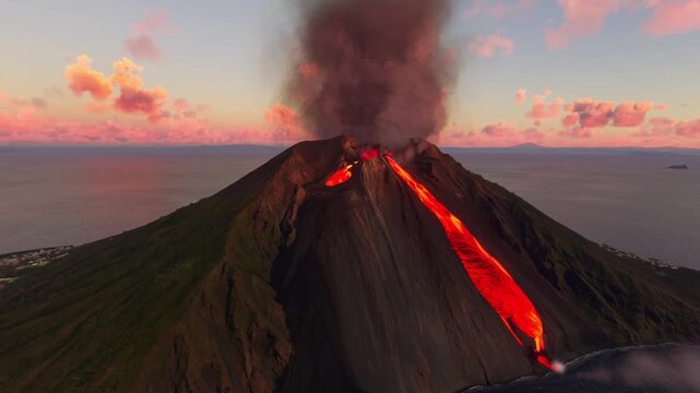 3D - Circular aerial shot at sunset of Stromboli eruption in Lipari. Metropolitan City of Messina. Italy