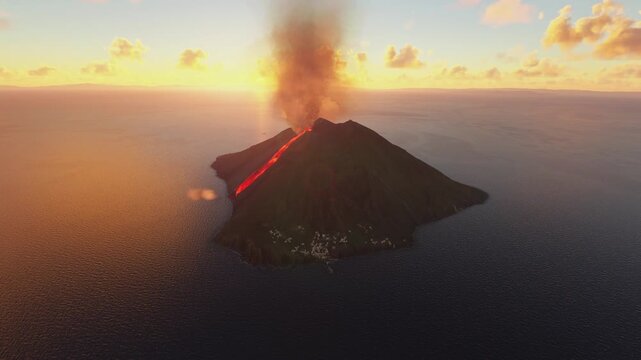 3D - Sunset aerial view of Stromboli eruption in Lipari. Metropolitan City of Messina. Italy