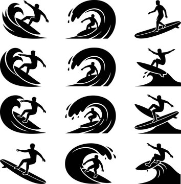 Surfer silhouette performing aerial maneuvers on surfboard against stylized wave shapes during daylight