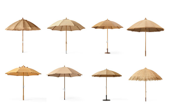 A collection of folding parasols is arranged on a png transparent. The parasols are various sizes and shades of tan and beige, featuring a woven reed canopy.