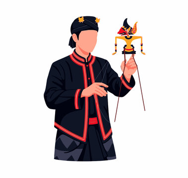 Minimalist vector illustration of a Javanese man in traditional attire performing with a leather shadow puppet.