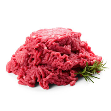 A pile of raw ground beef rests on a png transparent. A sprig of rosemary is placed beside the meat.