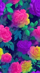 Obraz premium Vibrant floral mobile wallpaper with neon roses and lush green leaves.