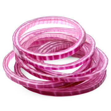 A stack of onion rings is arranged on a png transparent. The onion rings are a vibrant pink color with a striped pattern.